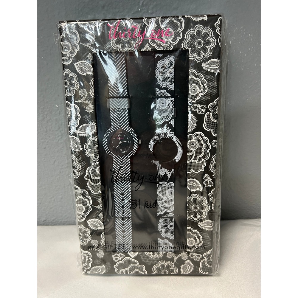 Thirty-One Kids Watch Set Interchangeable Bands Black White Botanical Lace